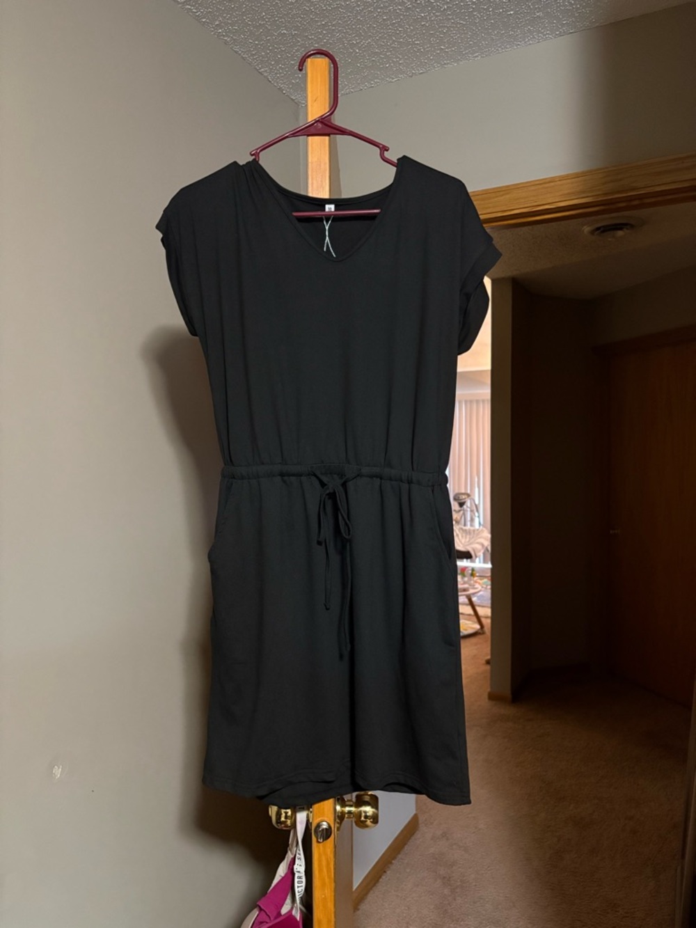 Black Drawstring Waist Short Sleeve Dress